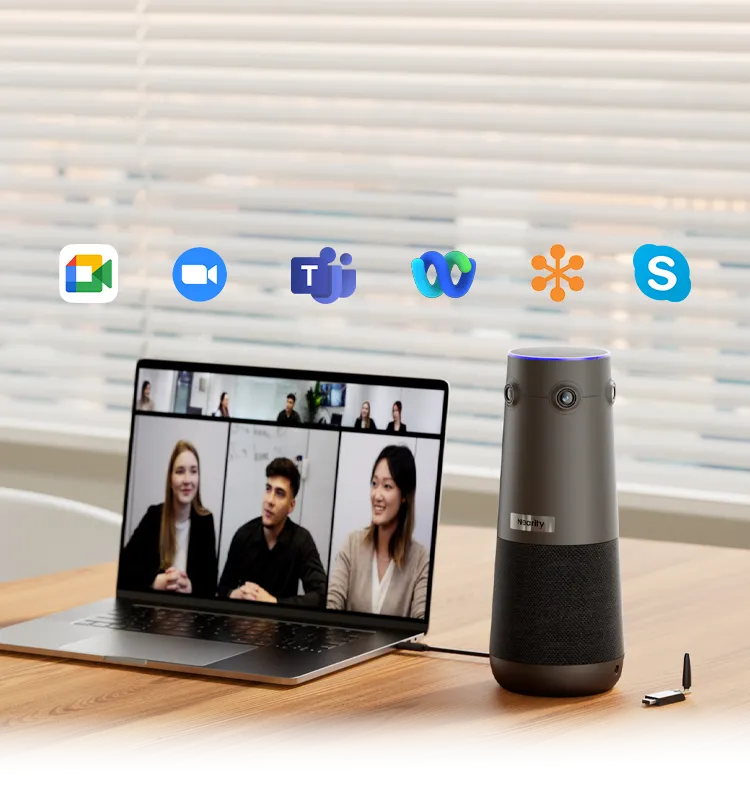 Man in a bright office environment enjoying clear audio with a wireless headset with mic for work, powered by AI noise cancellation.