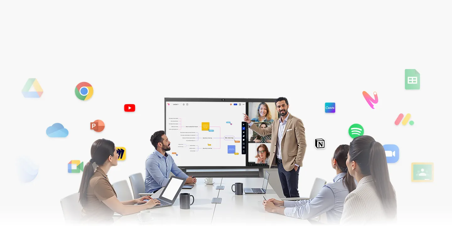 Several people in a conference room using NearHub board S pro smart whiteboard for office in a meeting