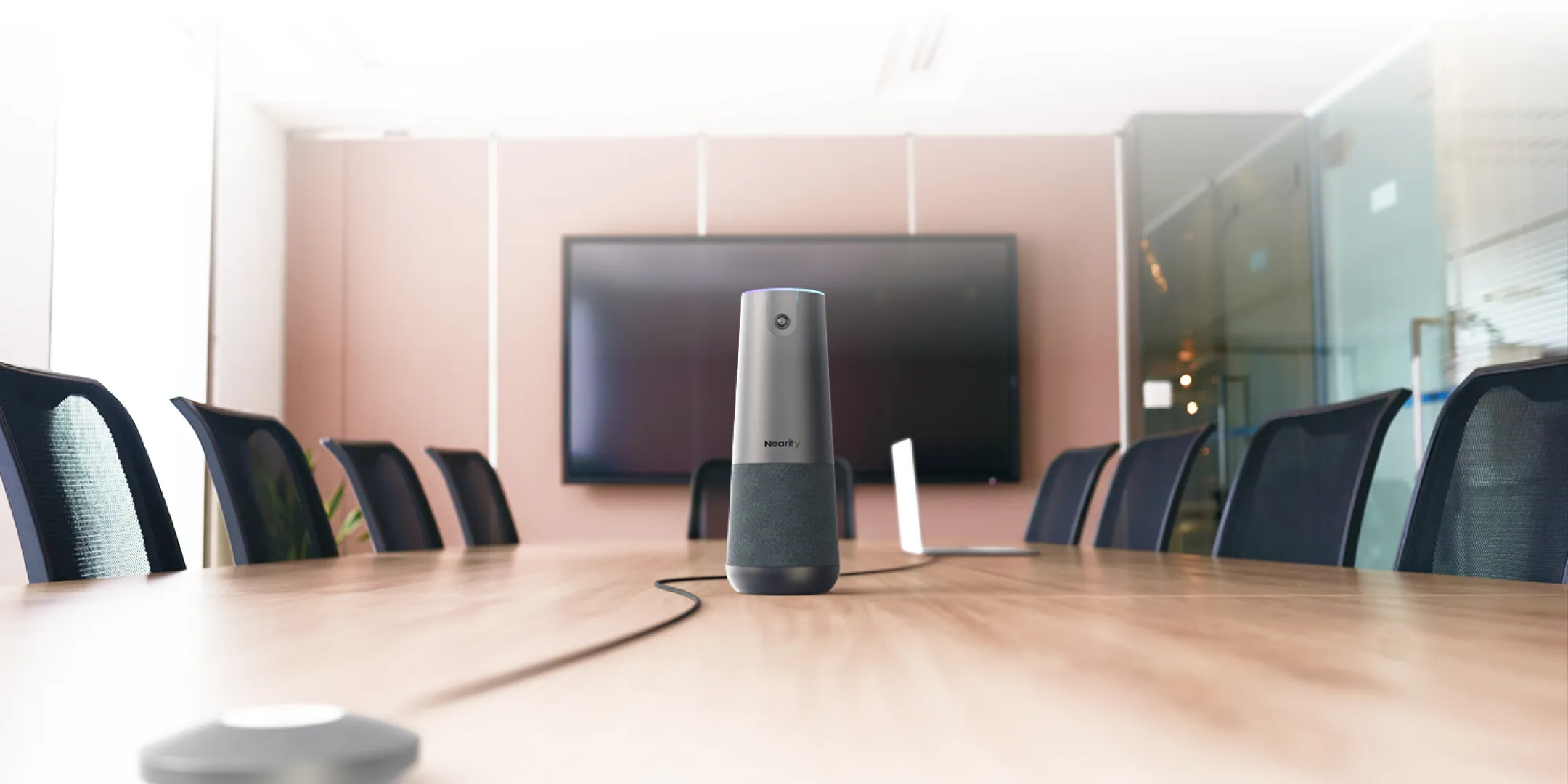 Several people in a conference room using NearHub board S pro smart whiteboard for office in a meeting