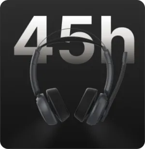 Front view of a black headset displaying 45 hours battery life, a perfect noise cancelling headphone with mic for office.