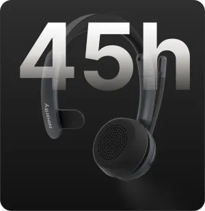 Front view of a black headset displaying 45 hours battery life, a perfect noise cancelling headphone with mic for office.