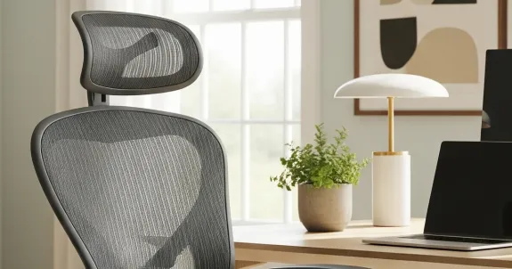 A high-quality black mesh ergonomic office chair with an adjustable headrest and lumbar support in a modern, sunlit home office.
