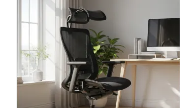 NearHub EC10 black ergonomic mesh office chair for petite users in a minimalist Scandinavian workspace.