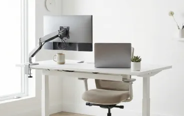 Modern home office setup featuring a white NearHub electric adjustable standing desk. Best cheap standing desk under $300 with dual motor and ergonomic design.