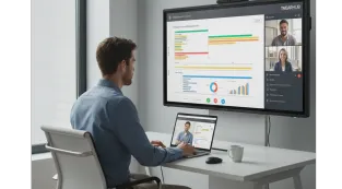 A professional using a NearHub interactive whiteboard for a video meeting in a home office, representing high-paying flexible remote jobs and modern flexible schedule careers.