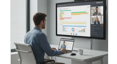 A professional using a NearHub interactive whiteboard for a video meeting in a home office, representing high-paying flexible remote jobs and modern flexible schedule careers.