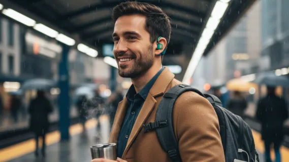 A young professional commuter wearing Mempod Fit 2 open-ear earbuds, holding a coffee travel mug and carrying a sleek backpack, walking on a busy city street with light rain. The image highlights practical commuter essentials and wearable tech in a modern urban environment