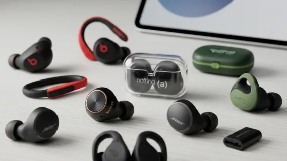 Multiple non-Apple wireless earbuds placed together, comparing designs for iPhone and iOS users.