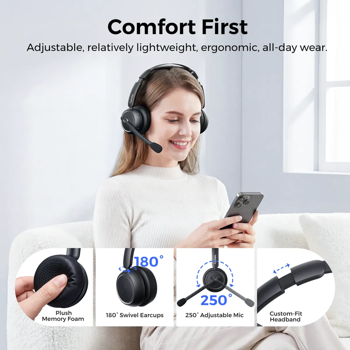 bluetooth noise cancelling headset with mic comfort