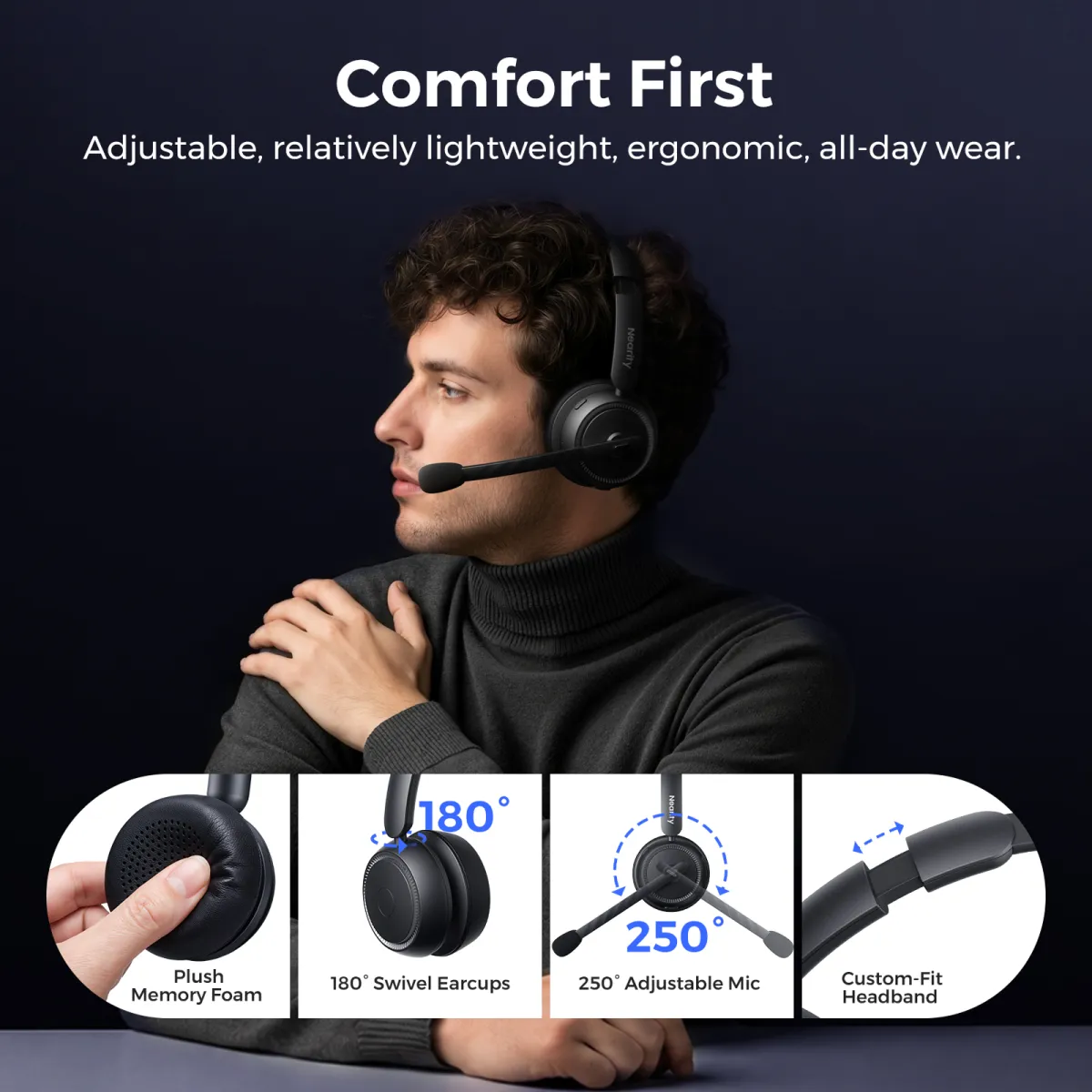 A man wearing an ergonomic headset with noise cancelling mic, illustrating plush memory foam and adjustable parts for comfort.