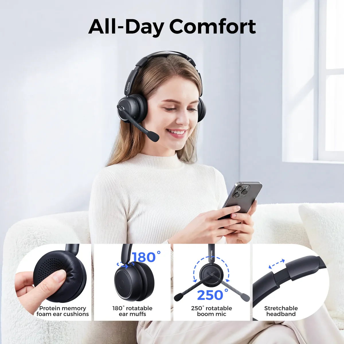 bluetooth noise cancelling headset with mic comfort