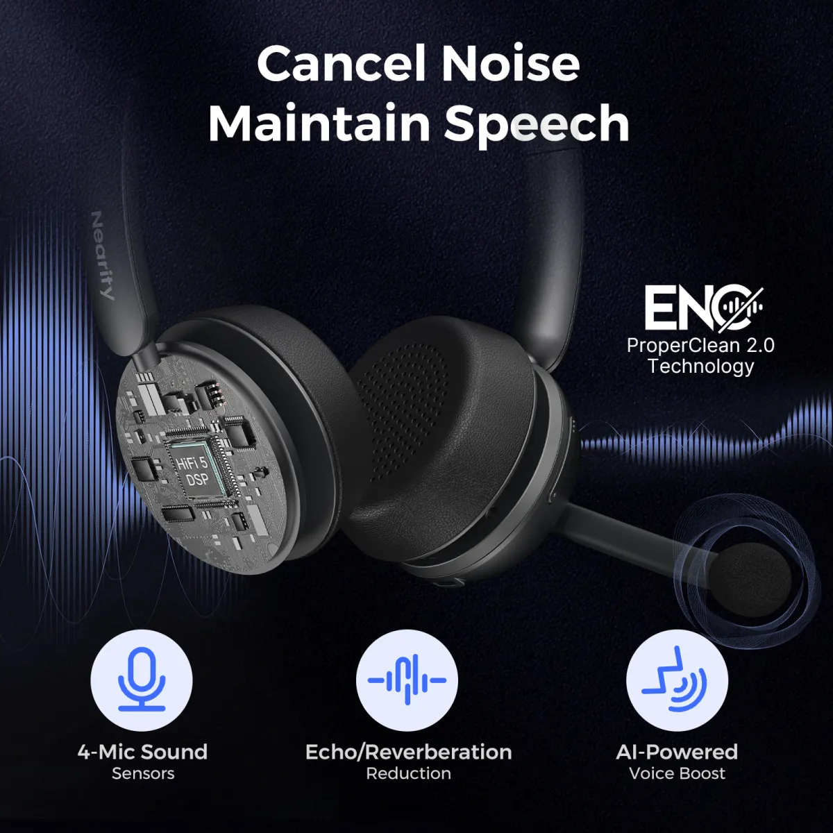 Nearity wireless headphone with noise cancelling mic using ENC ProperClean 2.0 technology for echo reduction.