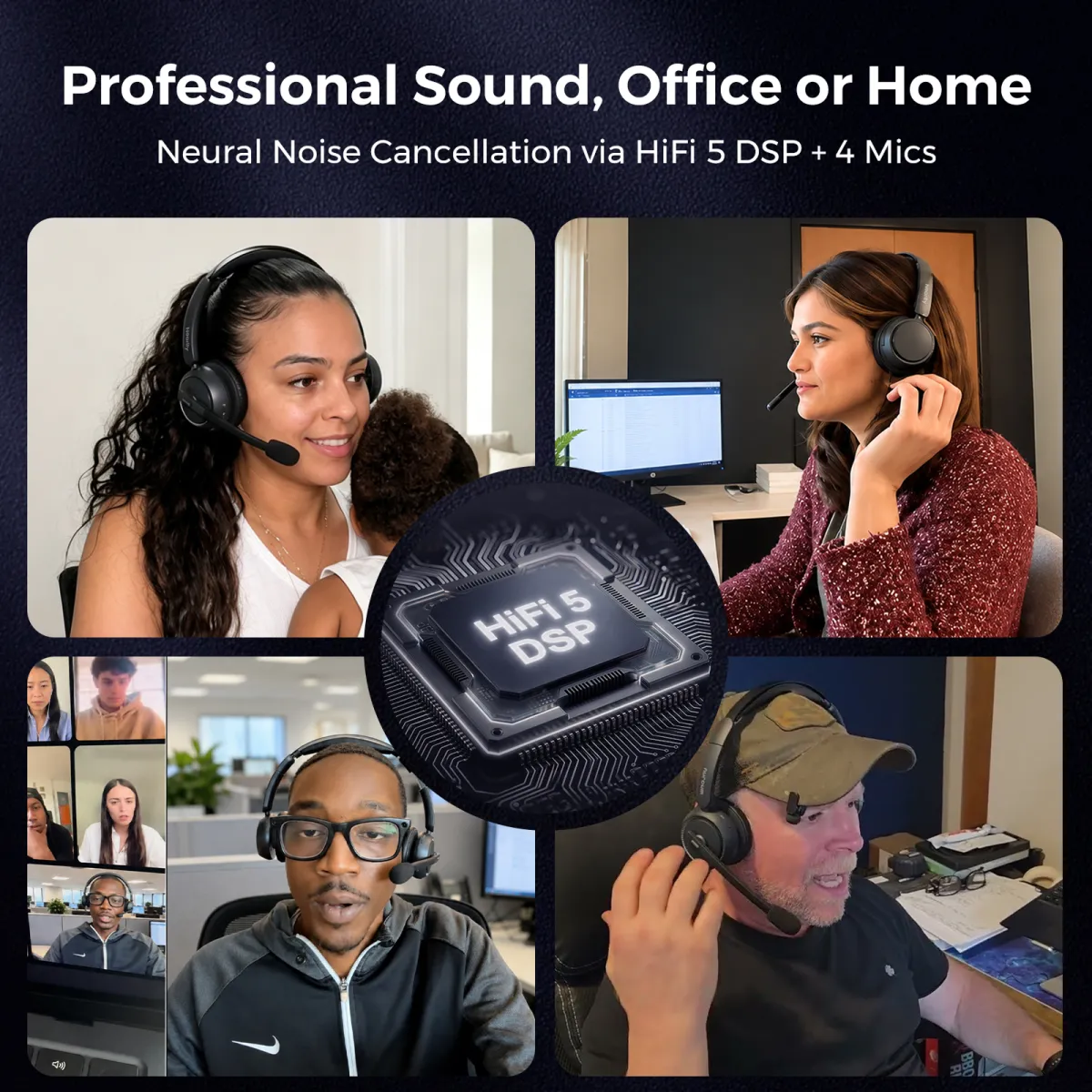 People using a professional Bluetooth noise cancelling headset with mic for video calls in office and home settings.