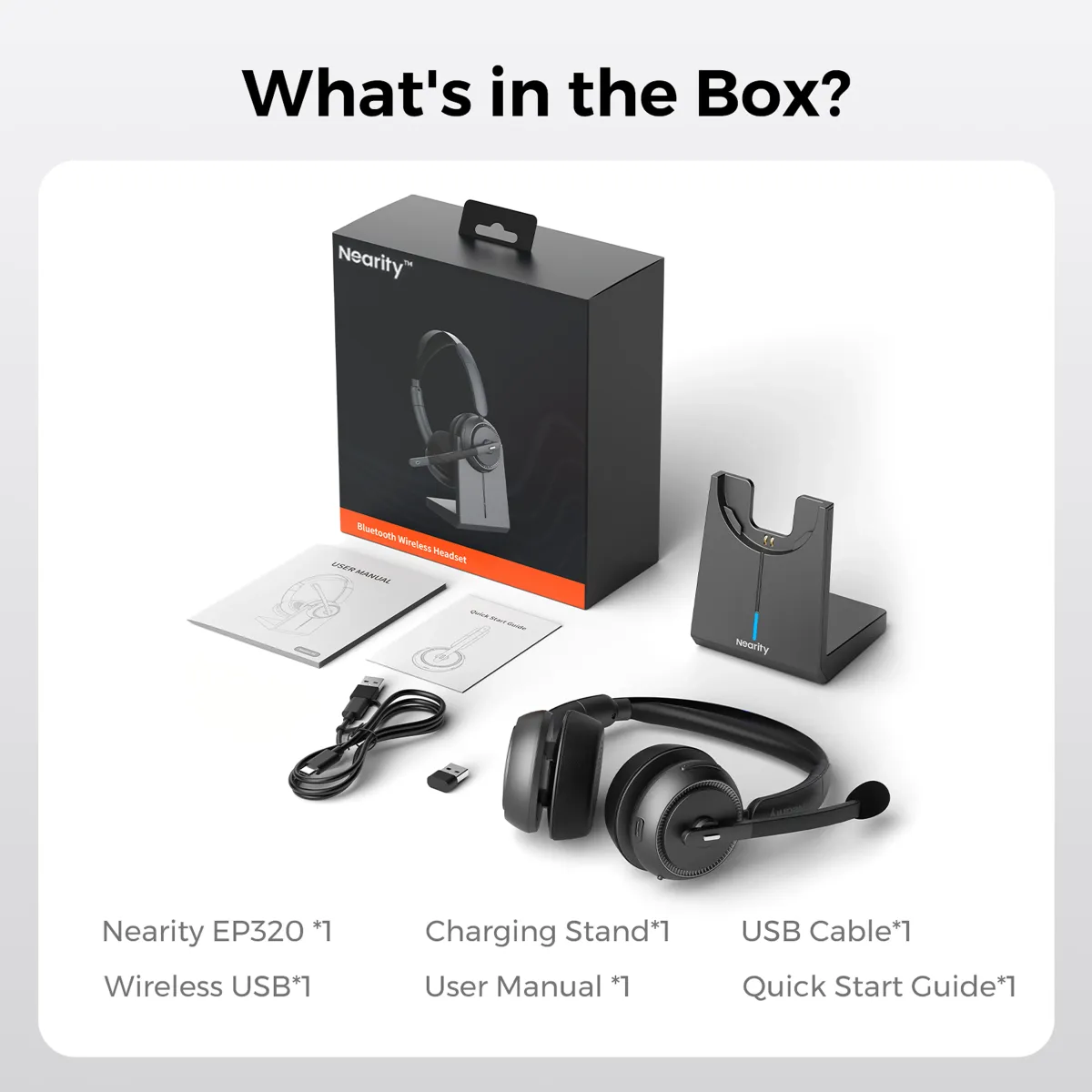 Noise cancelling headphones for work from home package including headset, charging stand, and USB dongle.