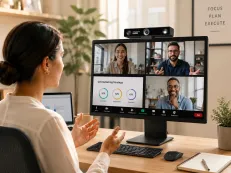 Nearity V30S webcam mounted on a desktop monitor during a hybrid work video meeting in a modern home office.