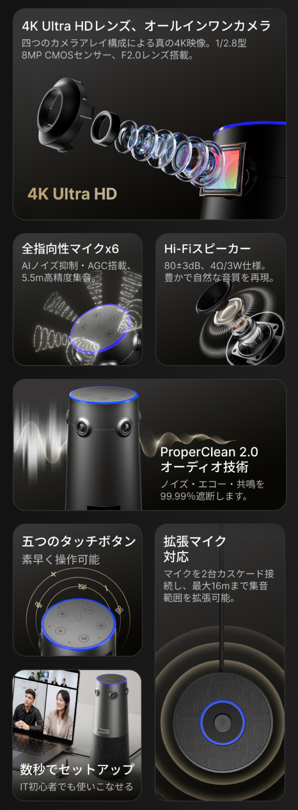 Nearity 360 Alien：真の4K画質を実現する360度会議用カメラ。AI搭載