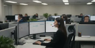 Professional call center agent wearing over-ear wireless headset with boom microphone at busy workstation in open-plan call center