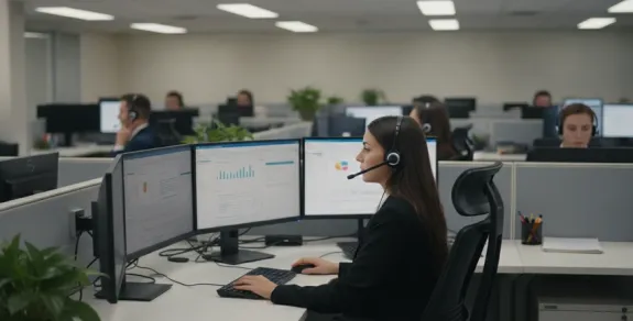 Professional call center agent wearing over-ear wireless headset with boom microphone at busy workstation in open-plan call center