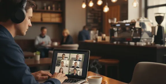 Hybrid professional working from a coffee shop using a wireless headset with ENC for clear calls