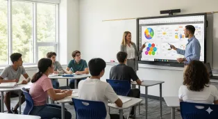 A diverse group of teenagers collaborating on a NearHub interactive smart board in a modern US boarding school classroom.