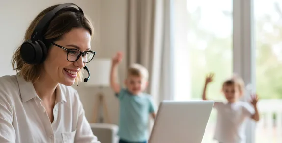 A mom wearing a boom mic headset working from home on her computer.