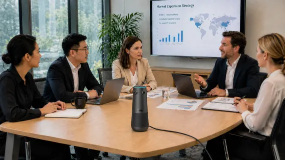Nearity 360 Alien conference camera placed at the center of a meeting table during a professional consulting meeting, connected to power while team members discuss a business strategy presentation.