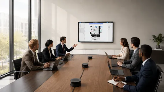 Business team using three A20S daisy chain speakerphones for clear audio coverage in a large conference room meeting.