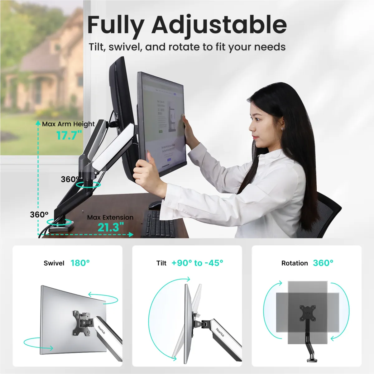 Fully adjustable dual screen arm