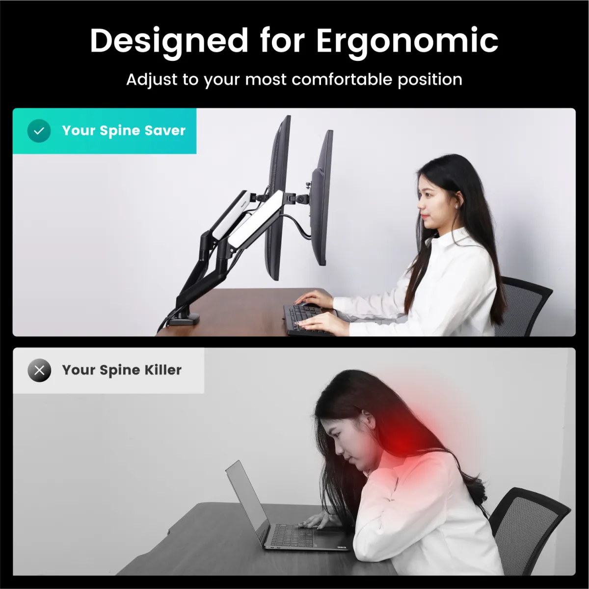 Ergonomic dual screen arm