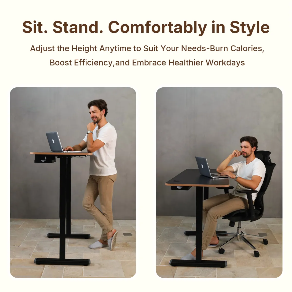 A man showing the comfortable style of the sit stand electric desk