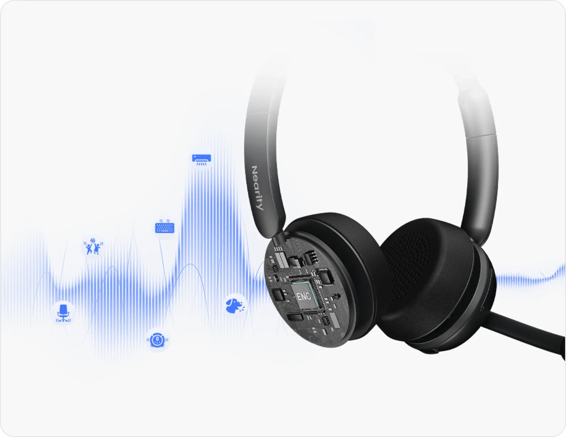 Cutaway view showing AI environmental noise cancelling chip inside a wireless headphone with noise cancelling mic.