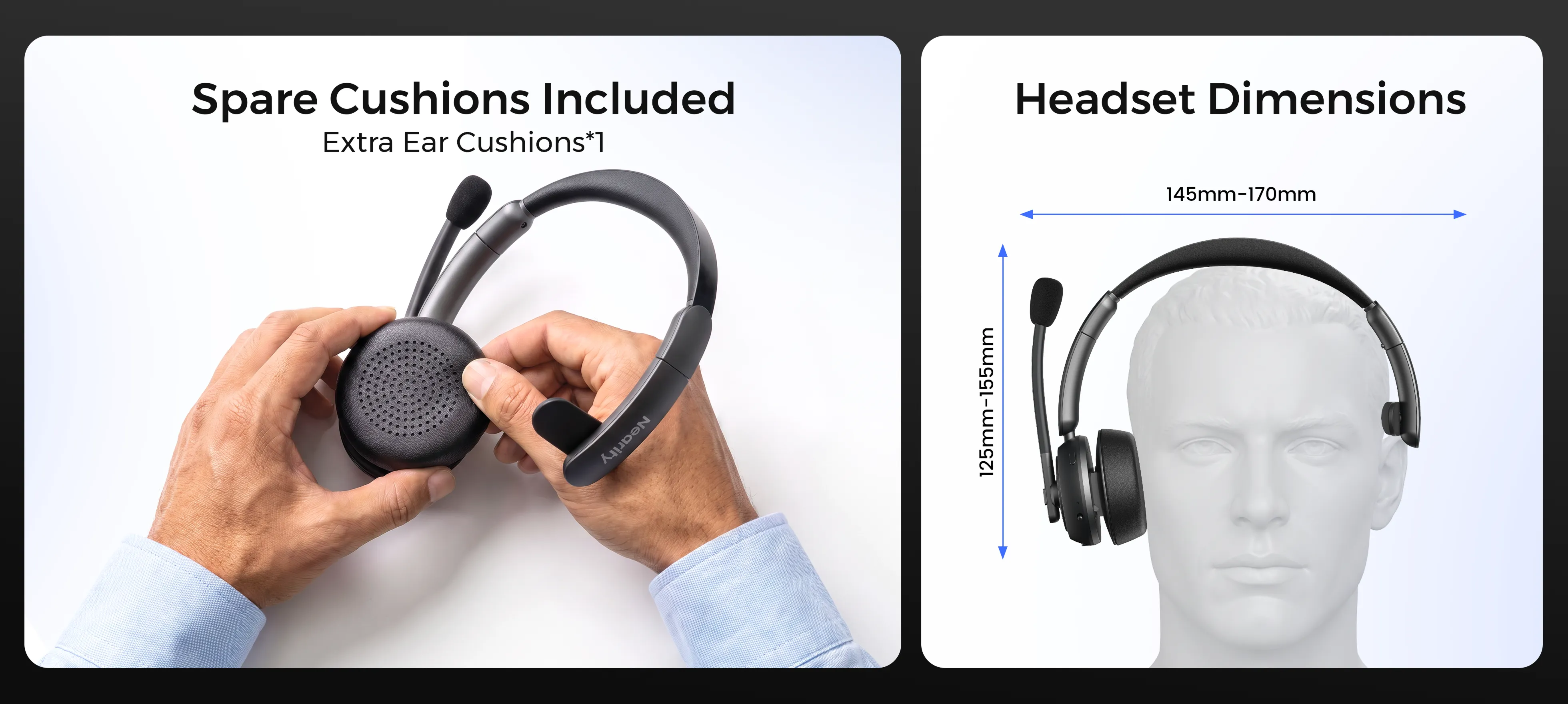 Battery life infographic for a single ear bluetooth headset, highlighting up to 35 hours of continuous conference calls and 45 hours of music playback on this wireless mono headset.