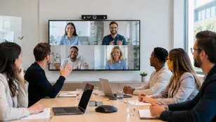 People in a conference room using the Nearity V30S webcam for a hybrid video meeting on a large display screen.