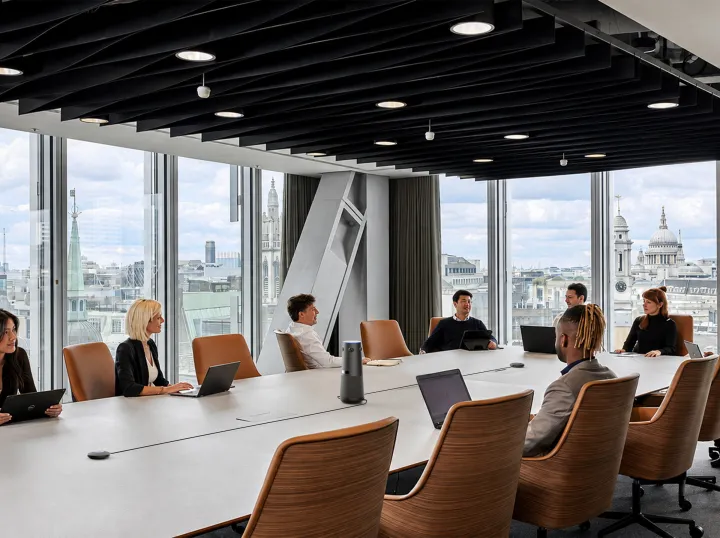 All-in-one meeting solution deployed in a modern corporate boardroom, demonstrating flexible audio coverage for all room sizes without IT retrofits.
