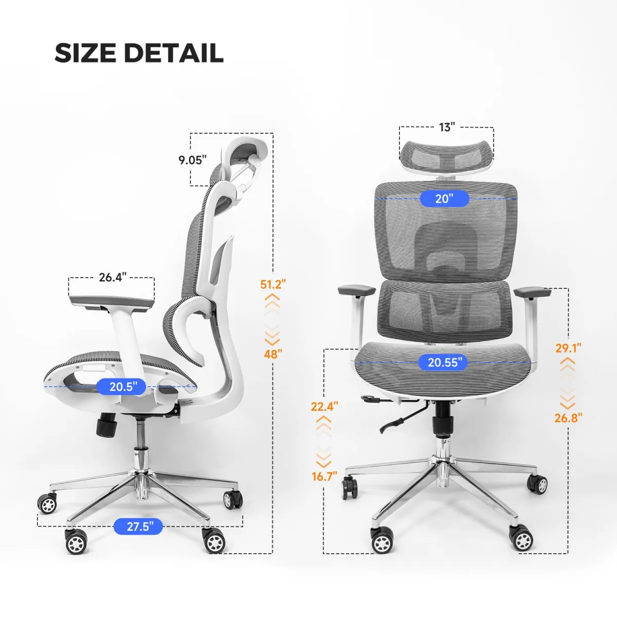 Size details of height adjustable chairs