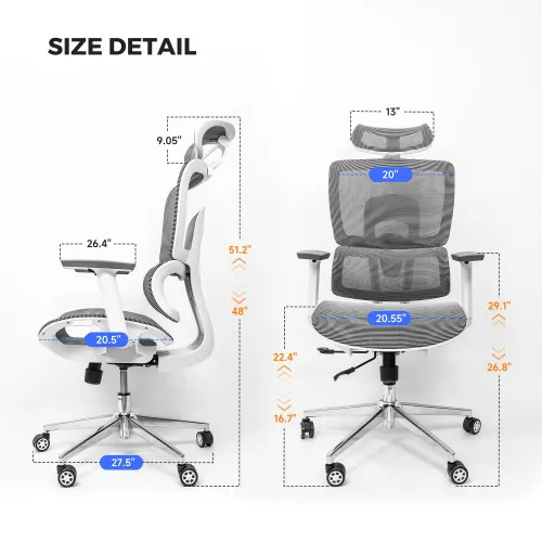 Size details of height adjustable chairs