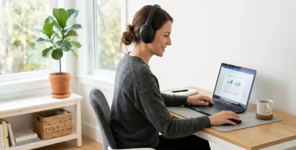 Woman wearing comfortable over-ear headphones while working on a laptop in a bright home office.