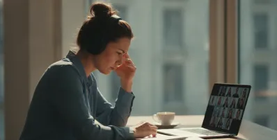 Professional woman experiencing headset discomfort during long video call rubbing her temple while sitting at modern office desk