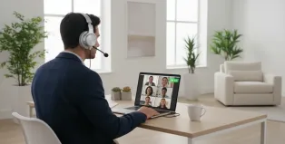 Professional man wearing wireless headset with boom microphone during video conference call on laptop with USB dongle plugged in