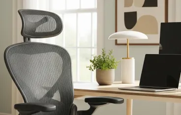 A high-quality black mesh ergonomic office chair with an adjustable headrest and lumbar support in a modern, sunlit home office.