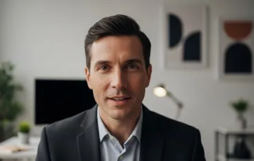 高画質のウェブカメラを使ってオンライン会議をしている男性