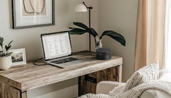 A speakerphone for home office near the computer