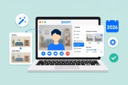 Illustration of Zoom background blur settings on a laptop screen with before and after blur examples.