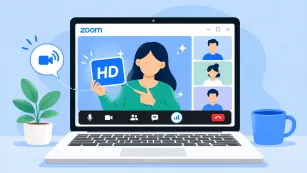 Flat vector illustration of a Zoom video meeting on a laptop screen with HD video settings, good lighting icons, and a clean blue workspace background.