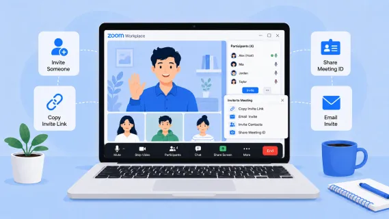 How to invite someone to a Zoom meeting with invite link, email invite, and meeting ID options on a laptop screen