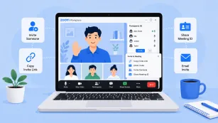 How to invite someone to a Zoom meeting with invite link, email invite, and meeting ID options on a laptop screen