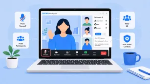 Zoom Workplace meeting screen showing mute controls for muting yourself, participants, or all attendees during a video call.