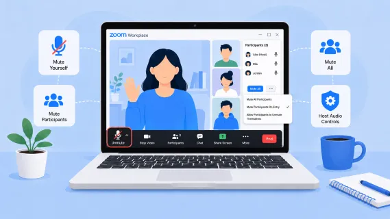 Zoom Workplace meeting screen showing mute controls for muting yourself, participants, or all attendees during a video call.
