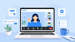 How to set up a Zoom meeting with meeting link, calendar, and video call settings on a laptop.