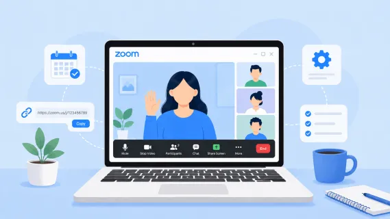 How to set up a Zoom meeting with meeting link, calendar, and video call settings on a laptop.